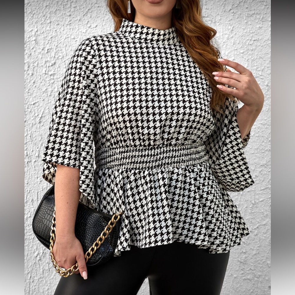Plus Size Houndstooth Black White Cowl Neck Smocked Cinched Top Blouse Shirt